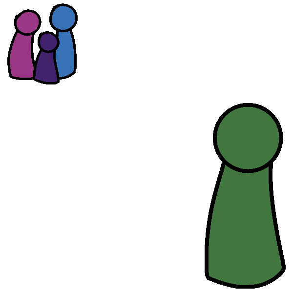 A green person standing in the foreground, with a group of three people in the far distance.